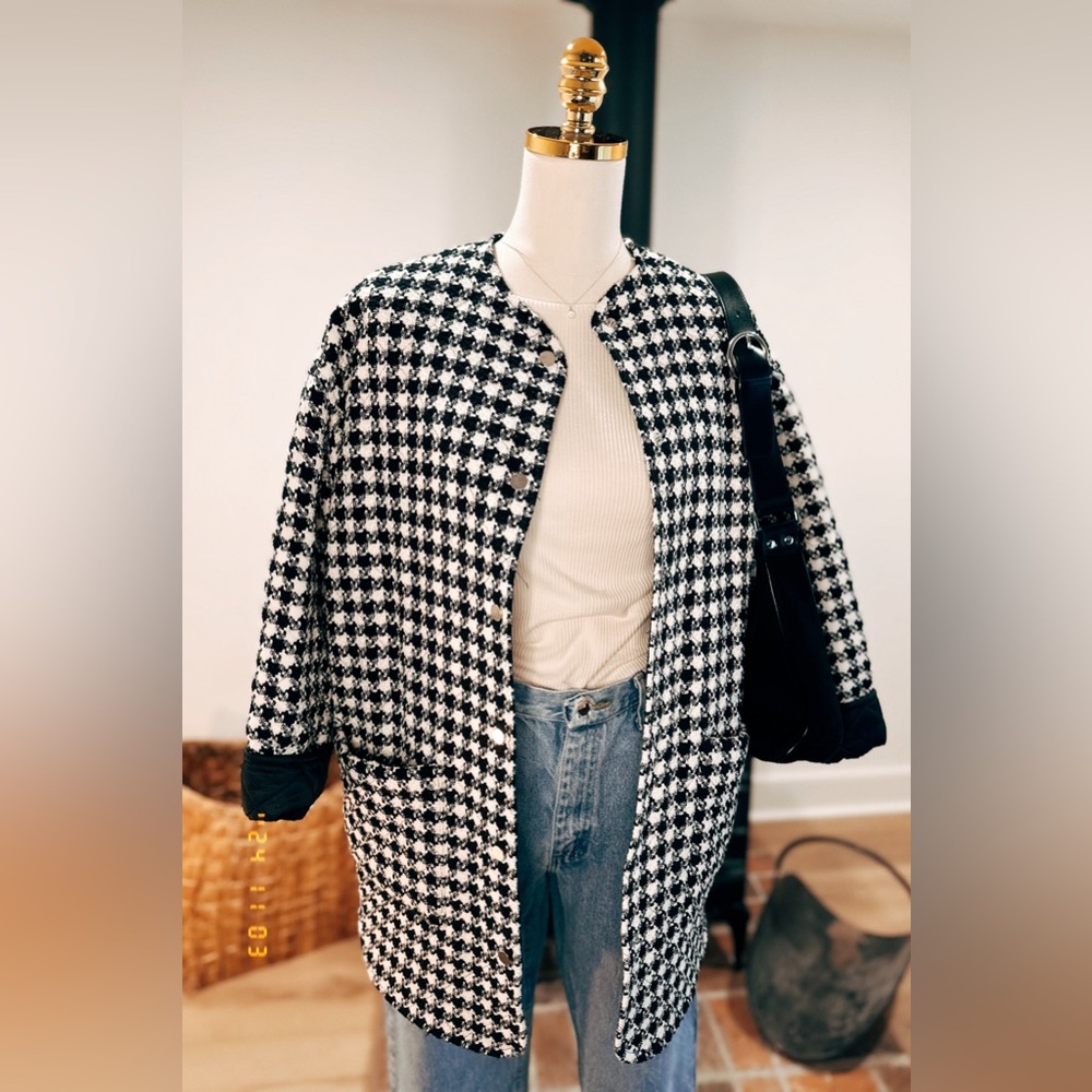 Zara small medium fall houndstooth jacket black white lined oversized fit
